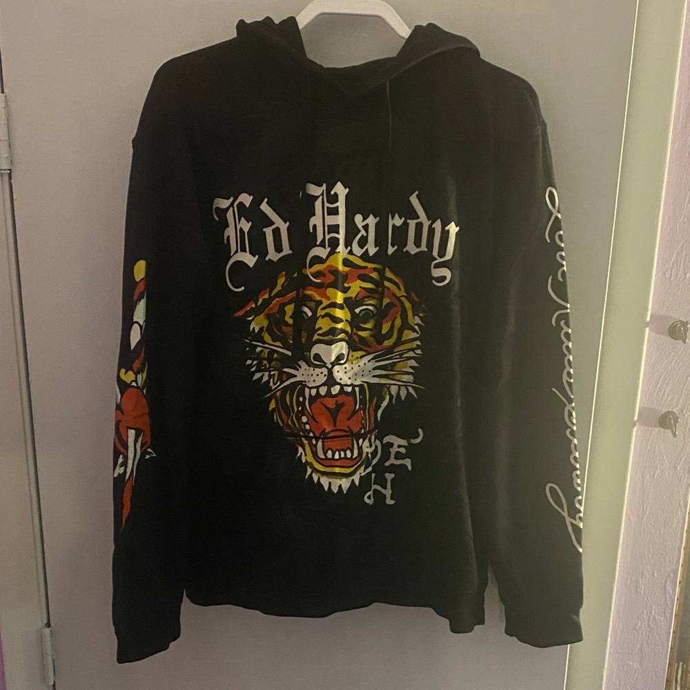 Ed Hardy Black and Orange Tiger Graphic Sweater